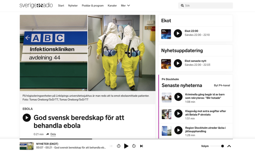 Skärmbild av rapportering på Sveriges Radios webbsida.